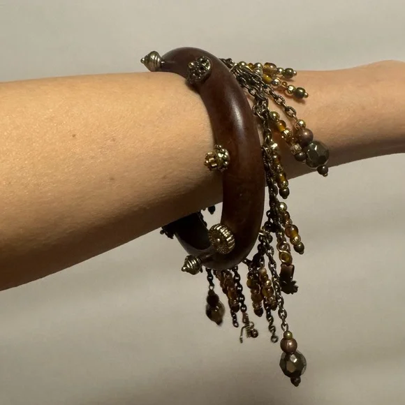Wooden Bracelet with Gold Accents and Chains - Picture 11 of 13